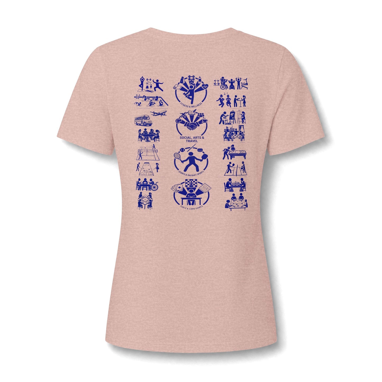 Women's V-Neck Tee Community Activities (Front Logo & Back Design, White & Peach)
