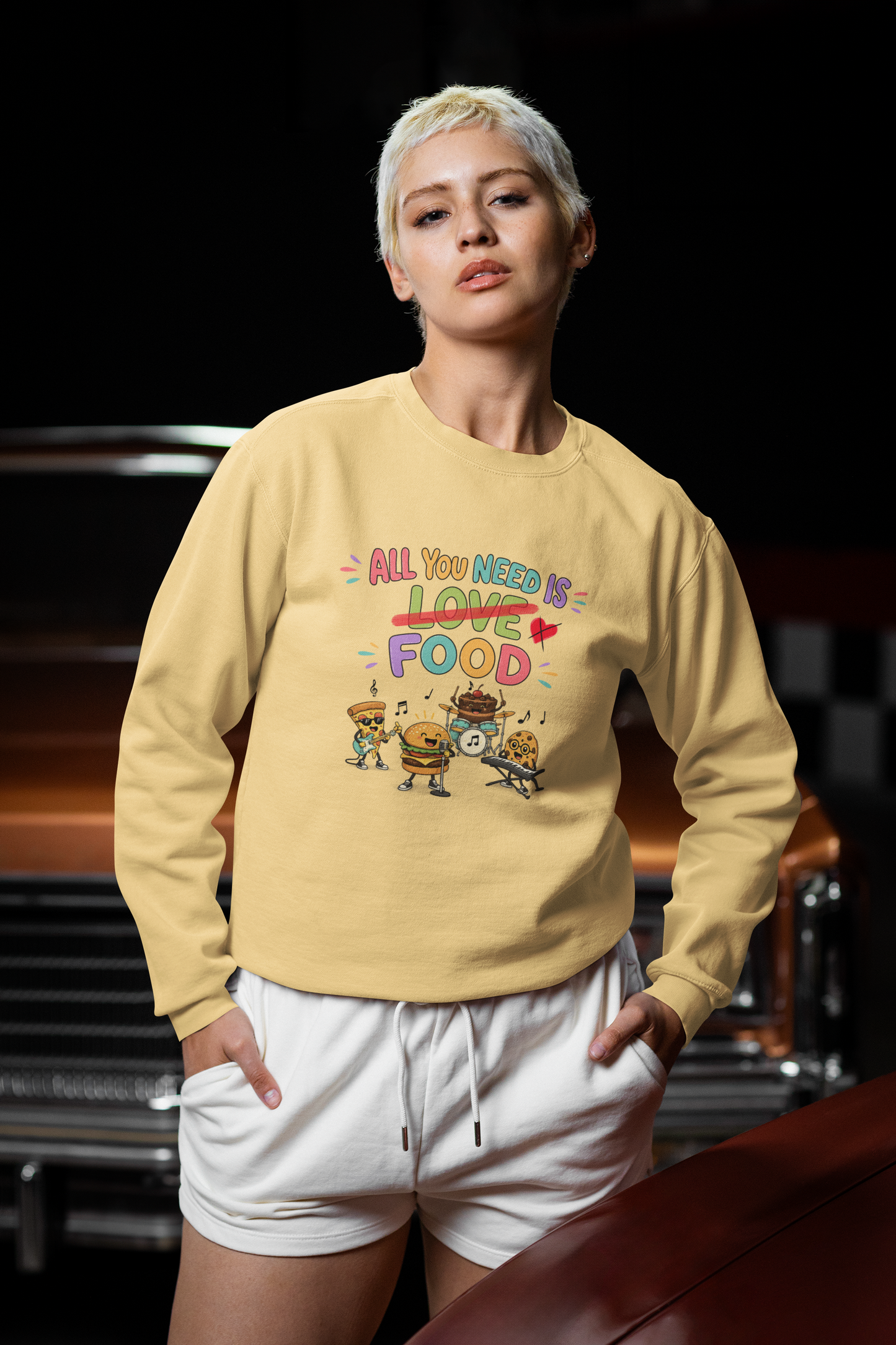 Artistic "All You Need Is Food" Unisex Garment-Dyed Sweatshirt