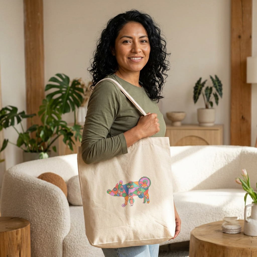 Geometric Pig Cotton Canvas Tote – Pastel Whimsy Edition