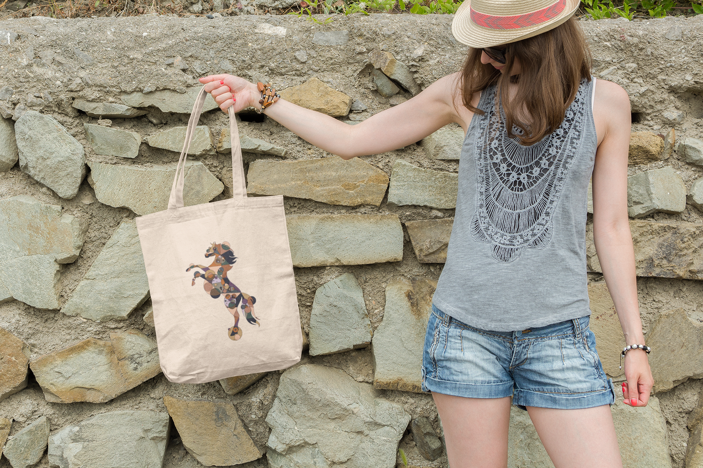 Geometric Horse Cotton Canvas Tote – Equine Mosaic Edition
