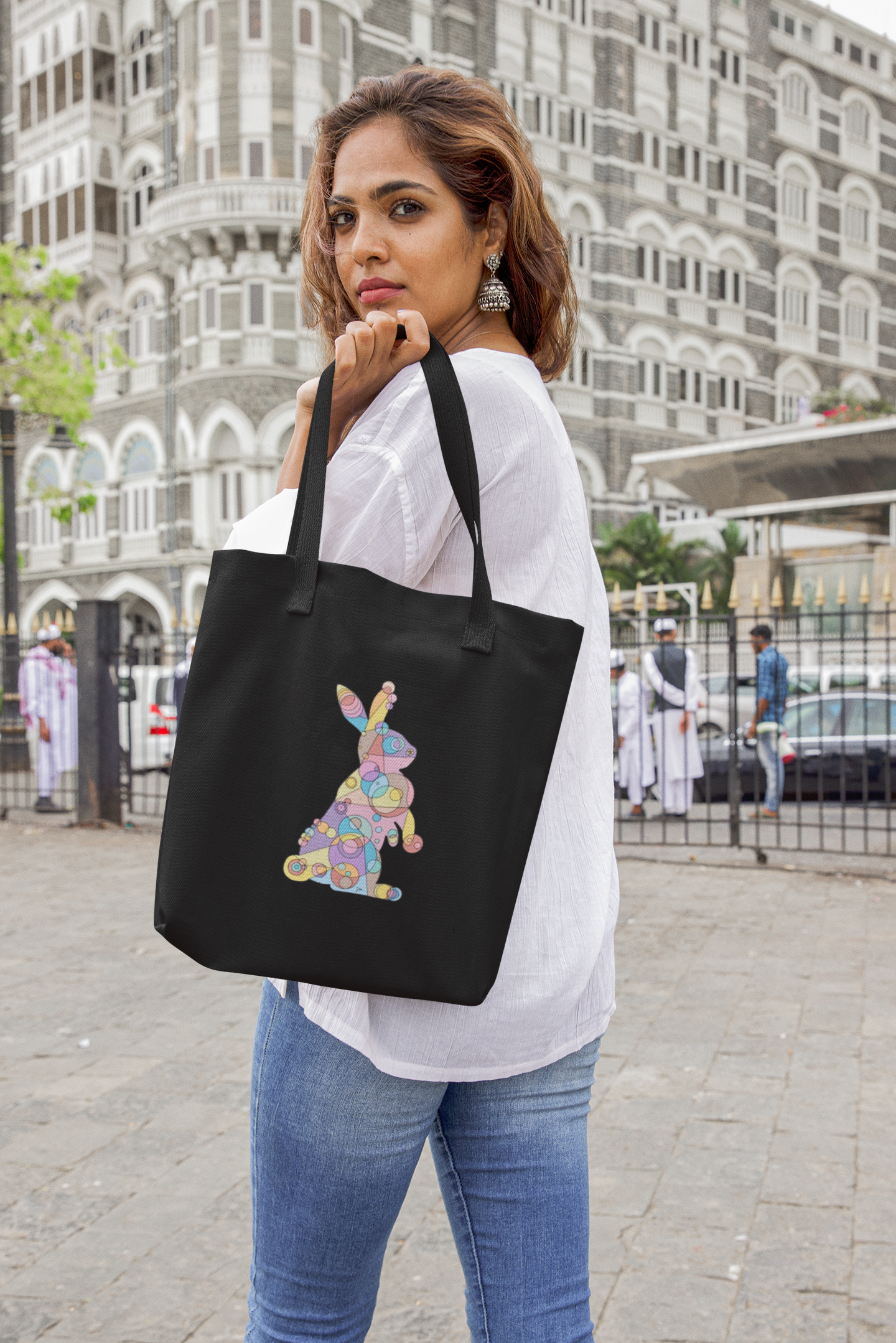 Geometric Bunny Cotton Canvas Tote – Pastel Wonder Edition