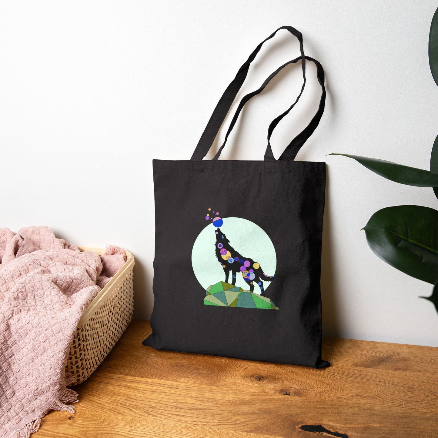 Geometric Wolf Cotton Canvas Tote – Cosmic Edition