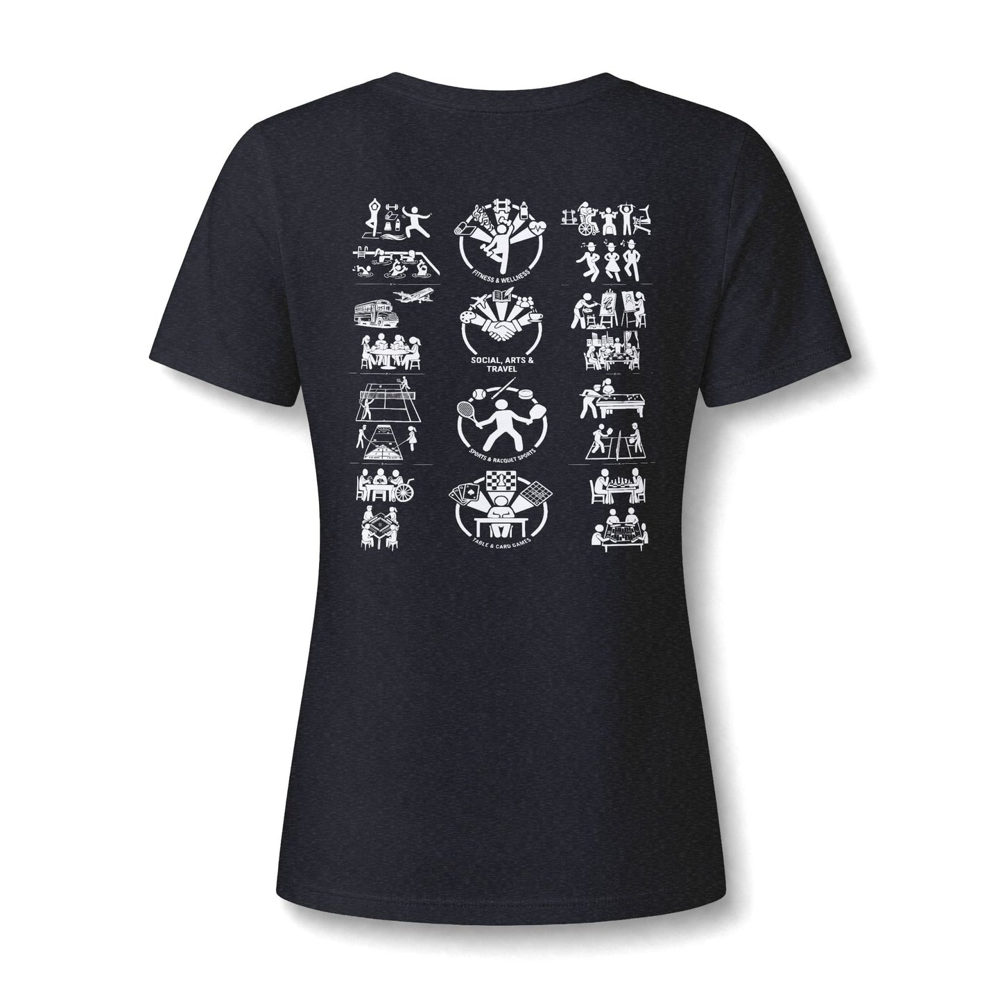 Women's V-Neck Tee Community Activities (Front Logo & Back Design, Black & Blue)