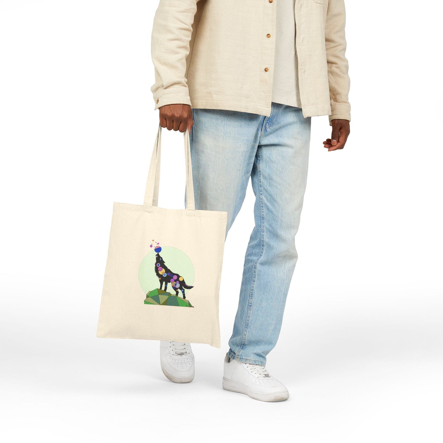 Geometric Wolf Cotton Canvas Tote – Cosmic Edition