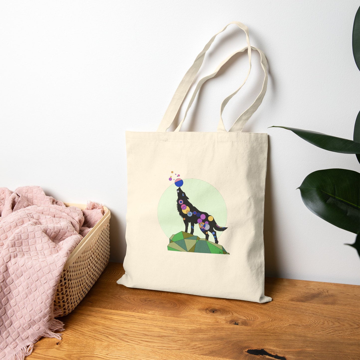 Geometric Wolf Cotton Canvas Tote – Cosmic Edition
