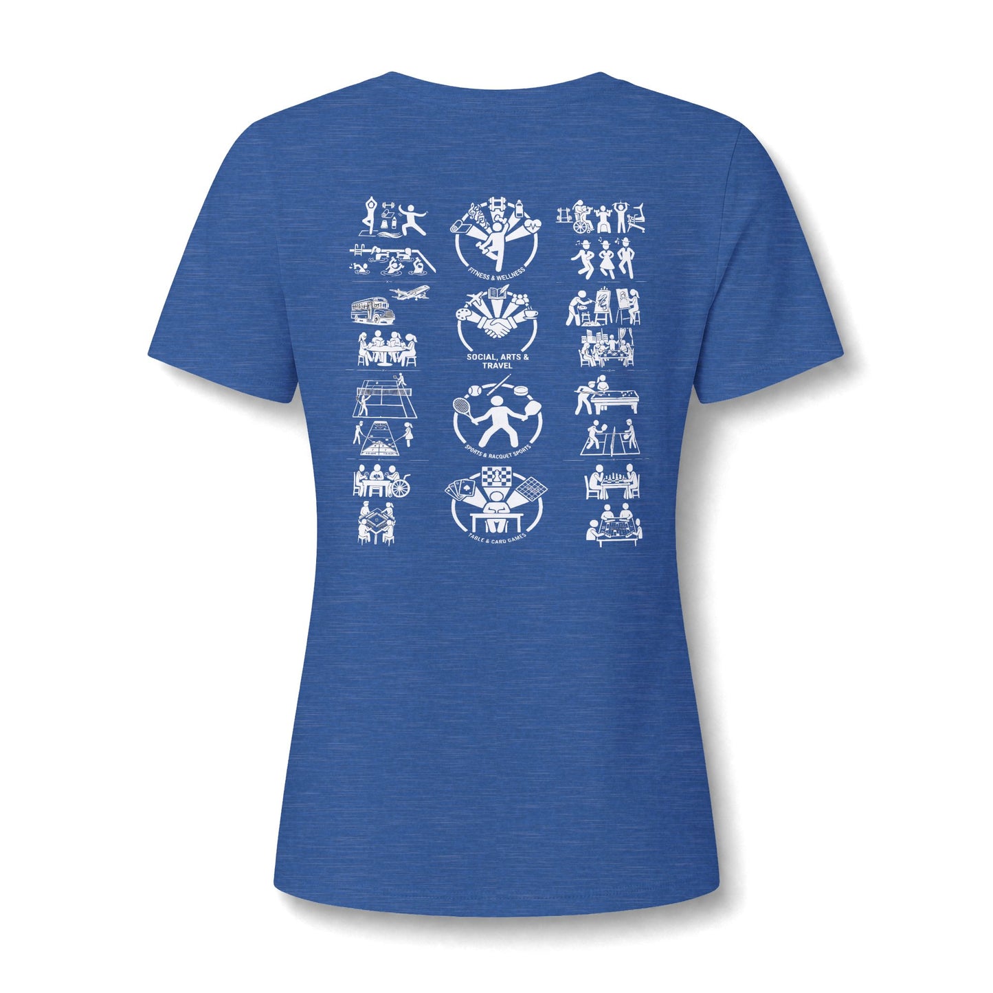 Women's V-Neck Tee Community Activities (Front Logo & Back Design, Black & Blue)