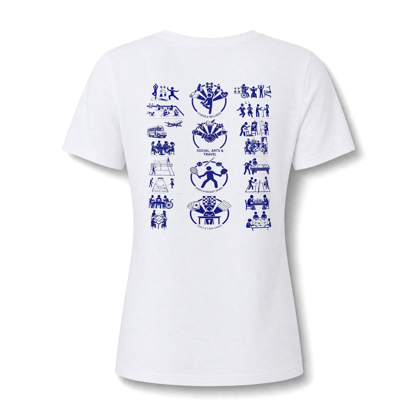 Women's V-Neck Tee Community Activities (Front Logo & Back Design, White & Peach)